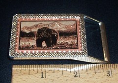 2 1/2&Prime; DRESS SIZE BELT BUCKLE W/COPPER & SILVER-PLATE GRIZZLY BEAR/SHORE SCENE