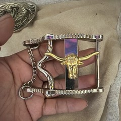Western Belt Buckle Silver Tone Gold Tone Steer Head Accent with Chain