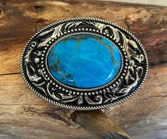Silver Engraved Western Belt Buckle Aqua Genuine Stone Cowboy Rodeo Gift
