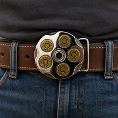 Bullet Belt Buckle Mens Spinning Revolver Cylinder Western Cowboy Gun Silver
