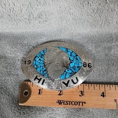 Vintage 1986 HI YU Native American Chief Turquoise Chip Inlay Belt Buckle