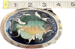 Vintage Silver Fish Belt Buckle Blue White Swirl