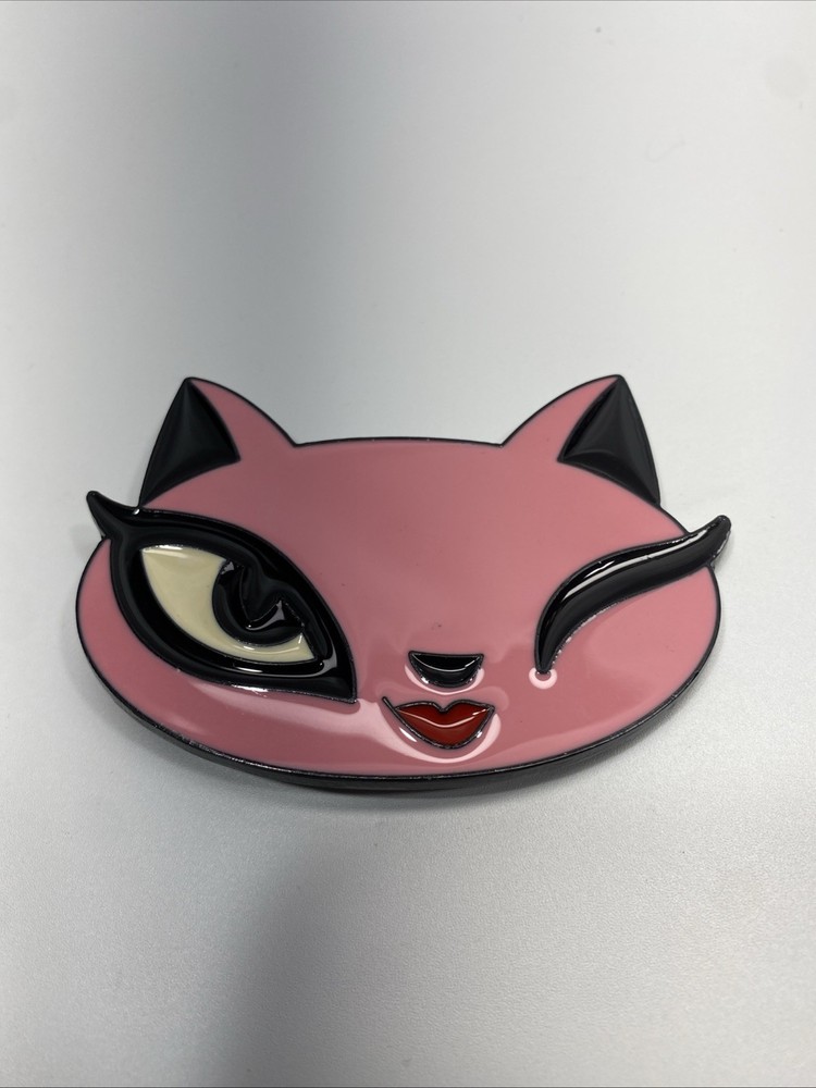 Vintage Y2K Pink and Black Enamel Cat Belt Buckle (3.5in x 2.25in) New Old Stock