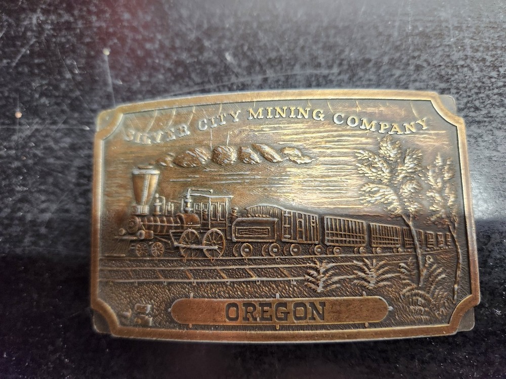 Silver City Mining Company Belt Buckle Bronze Tone 3&Prime;x2&Prime; Train Oregon Engraved