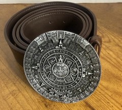 Silver Plated Aztec Calendar Belt Buckle And Brown Belt 51in Long