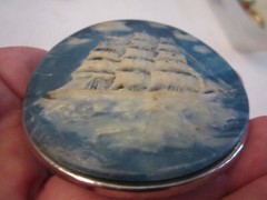VINTAGE CARVED SOAP STONE? OLD SAILBOAT BELT BUCKLE – 3&Prime; X 3&Prime; – GW10