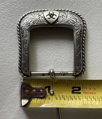 Ariat Western Belt Buckle Filigree Scroll Logo Silver Toned Rope Edge A2108