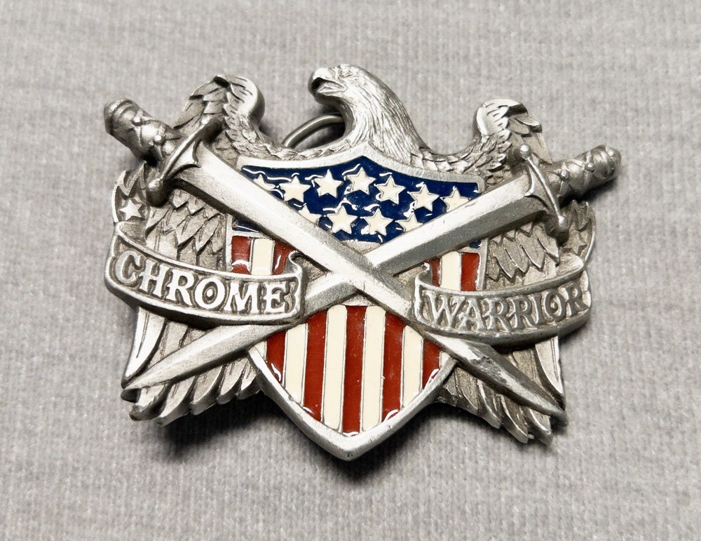 VINTAGE CHROME WARRIOR BIKER BELT BUCKLE EAGLE FLAG AND CROSSED SWORDS RESIN