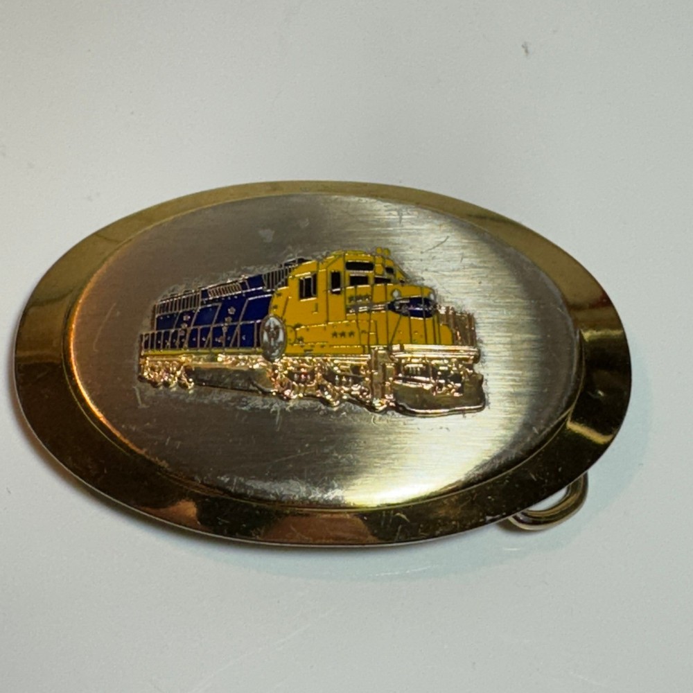 Gold Tone Oval Belt Buckle Die Cast Train Locomotive Yellow Blue