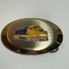 Gold Tone Oval Belt Buckle Die Cast Train Locomotive Yellow Blue
