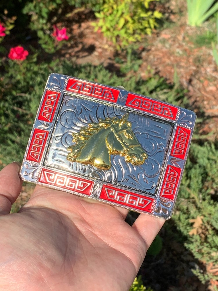 Western Buckle Gold Silver Red Horse Head Cowboy Buckle 2 » Hebilla Vaquero