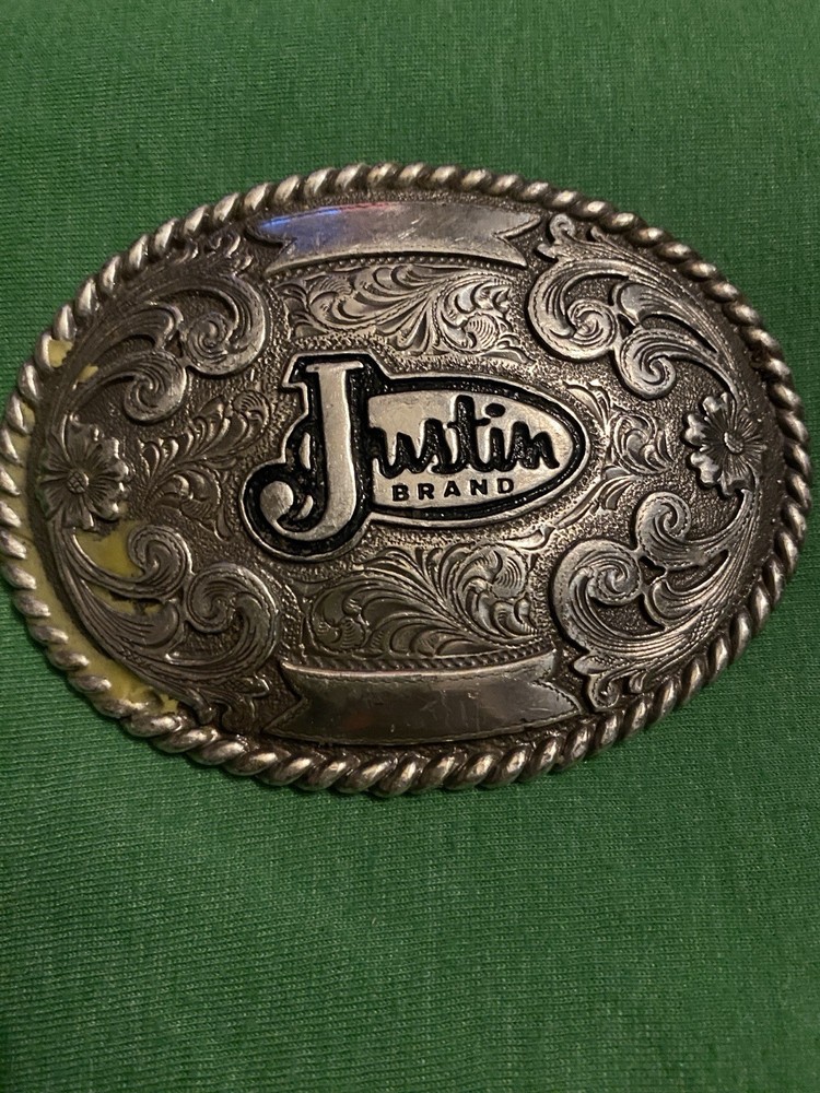Justin Boots Brand – Silver Belt Buckle Fillagree Engraved Scroll Work Oval