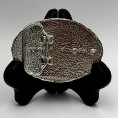 Western Silver Tone Oval Belt Buckle Blue Abalone Shell Inlay Floral Scrollwork