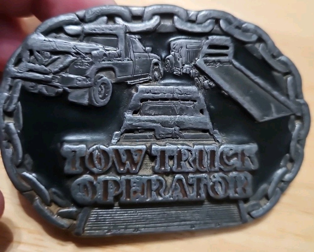 Tow Truck Operator Belt Buckle Made USA 1996 C&J Inc Pewter Metal