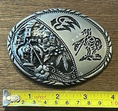 Vintage SSI Metal Handcrafted Belt Buckle Horses And Indian Nature Wildlife USA
