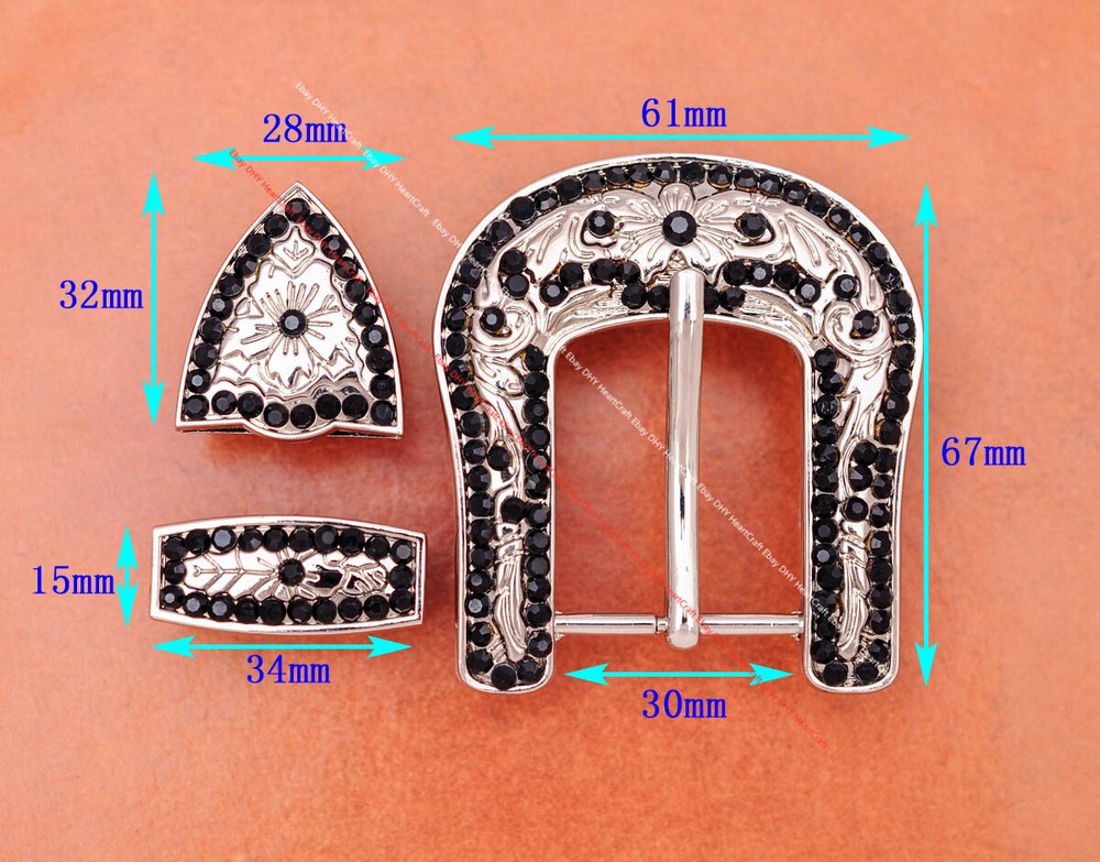 30mm Bling Silver Western Cowboy Black Rhinestone Crystal 3PCS Set Belt Buckle