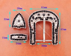30mm Bling Silver Western Cowboy Black Rhinestone Crystal 3PCS Set Belt Buckle