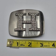 Silver Tone Letter H Rhinestone Initial Belt Buckle Brushed Metal Rectangle