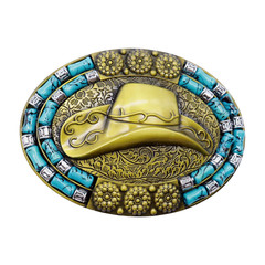 Men Women Antique Gold Metal Belt Buckle Cowboy Hat Turquoise Blue Bead Filigree