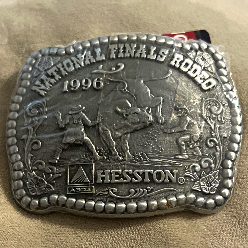 Hesston 1996 National Finals Rodeo Men&rsquo;s Vintage Silver Metal Belt Buckle