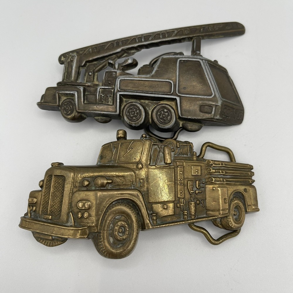 Lot Of 2 Brass Vintage Fire Truck Belt Buckles 1978 Baron Fireman Firefighter