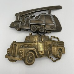 Lot Of 2 Brass Vintage Fire Truck Belt Buckles 1978 Baron Fireman Firefighter