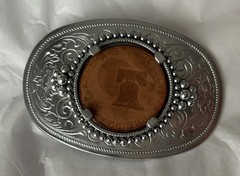 Oval Belt Buckle Filigree Liberty Bell Leather Inlay Western Ranch Americana
