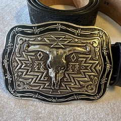 Crumrine Western LONGHORN bull Skull Belt Buckle And Leather Belt Size 44
