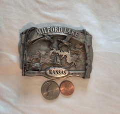 Vintage 1987 Metal Belt Buckle, Milford Lake, Kansas, Nice Western Design