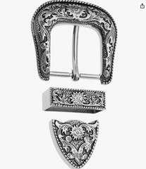 Western 3-Piece Belt Buckle Set Floral Engraved Silver Metal Cowboy Rodeo Style