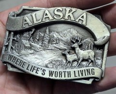 1980s vintage ALASKA belt buckle WESTERN pewter DEER where life if worth living