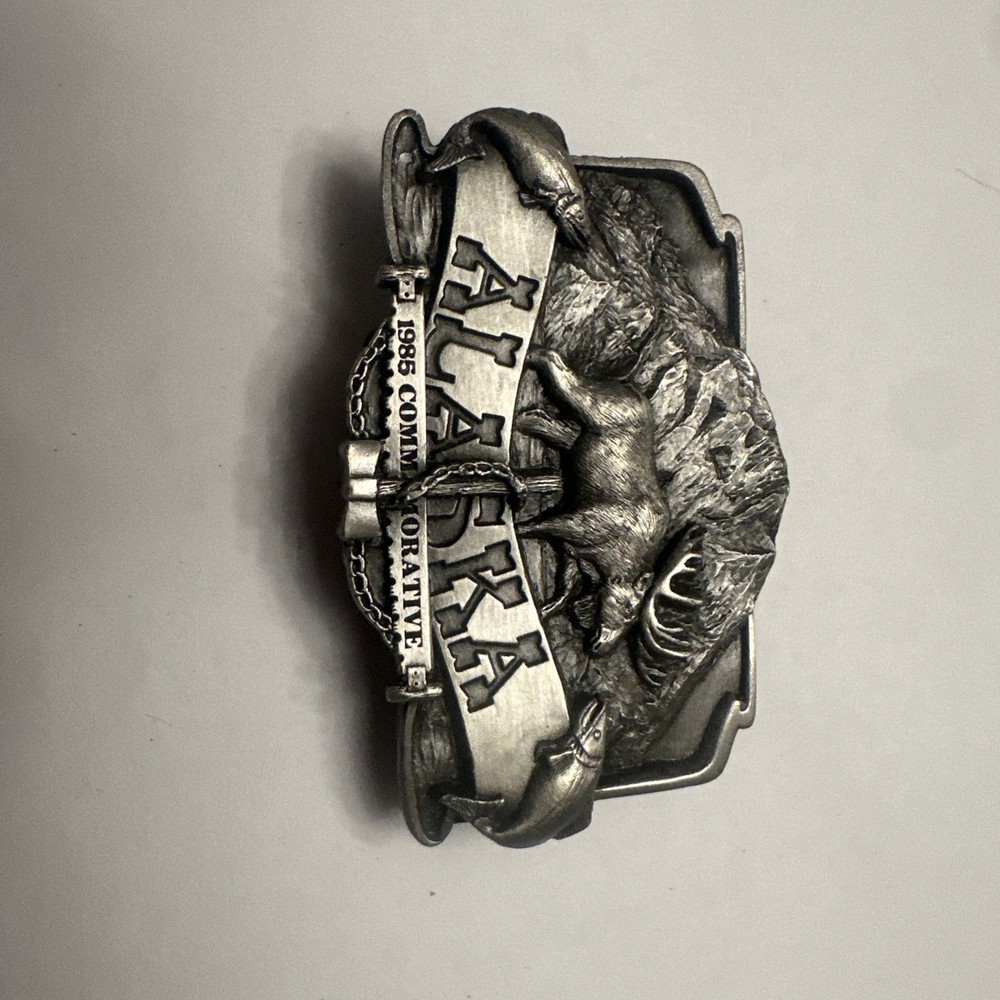 1985 Siskiyou Alaska Commemorative Belt Buckle Moose Salmon Limit 5000