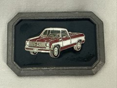 Vintage Enameled Red & White 70&rsquo;s GMC Pick Up Truck Belt Buckle FREE SHIPPING