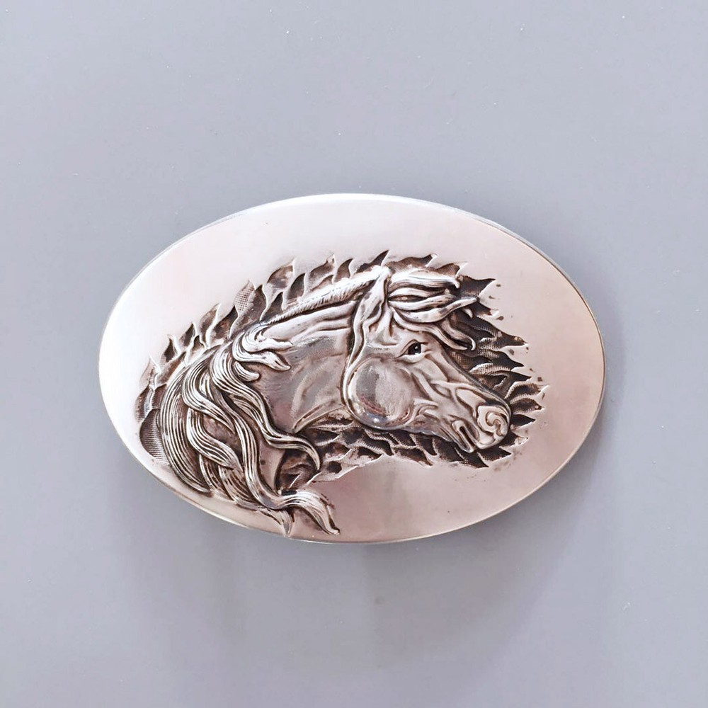 Vintage Silver Plated Oval Horse Western Belt Buckle Boucle de Ceinture