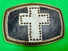 Metallic Theme Religious Cross Studded Design on White Faux Leather Belt Buckle