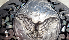 Vintage Alpaca Mexico Eagle Abalone Shell Mother Pearl Inlay Belt Buckle