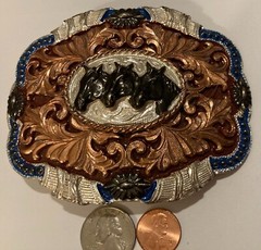 Vintage Metal Belt Buckle, Cowboy, 3 Horse Heads, Horse, Mexico, Texas, Big Size