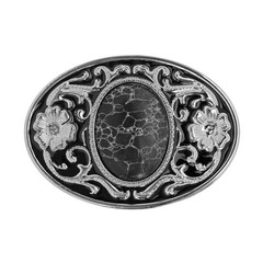 Southwestern Belt Buckle Oval Black Stone Floral Silver Tone Black Enamel