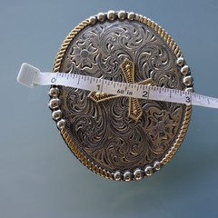 Two Tone Cross Belt Buckle Oval Silver Gold Floral Filigree Western