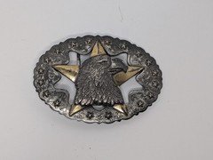 Vintage TLF Eagle Stars Engraved Scroll Silver and Gold tone Belt Buckle