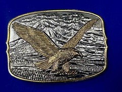 Vintage Soaring Patriotic USA Eagle Hawk w/ Mountains Belt Buckle 3.5” x 2.5”