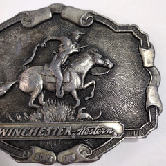 Belt Buckle Winchester Western Pewter Silver Tone Vintage 3.5&Prime; x 2.75&Prime;