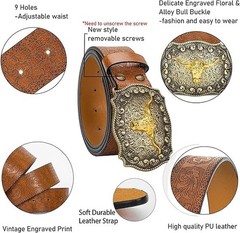 « Western Cowboy-Belts for Men Women Big-Buckle Longhorn-Bull PU-Leather Rodeo Co