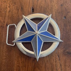 Oversized Enamel Circle Star Western Cowboy Blue Gray Chrome Silver Belt Buckle