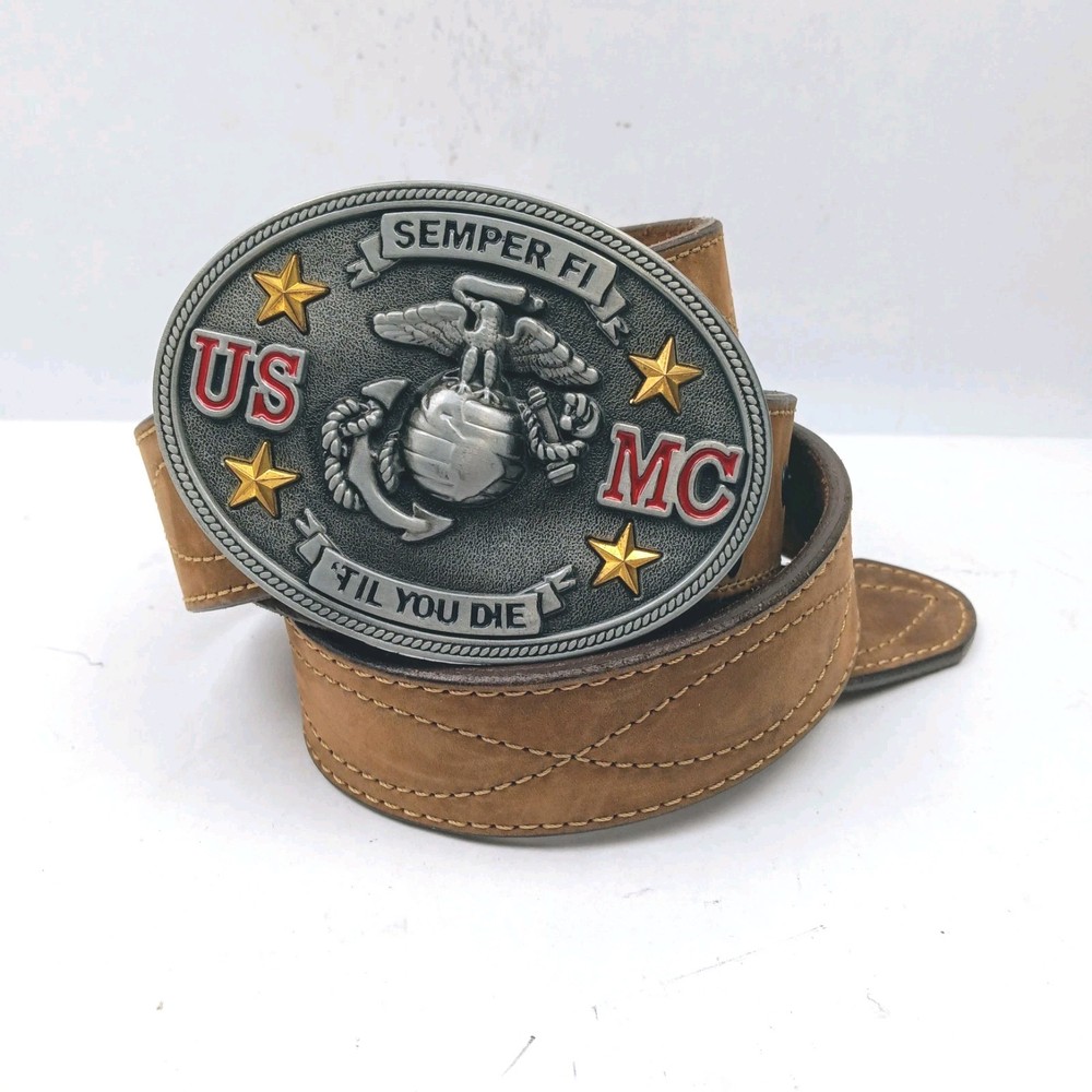 USMC Marine Corps Enameled Belt Buckle And Leather Wrangler Belt 39&Prime;-44&Prime;