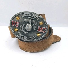 USMC Marine Corps Enameled Belt Buckle And Leather Wrangler Belt 39&Prime;-44&Prime;