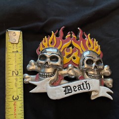 Skulls And Crossbones With Red And Yellow Flames ‘DEATH’ Belt Buckle Biker Goth