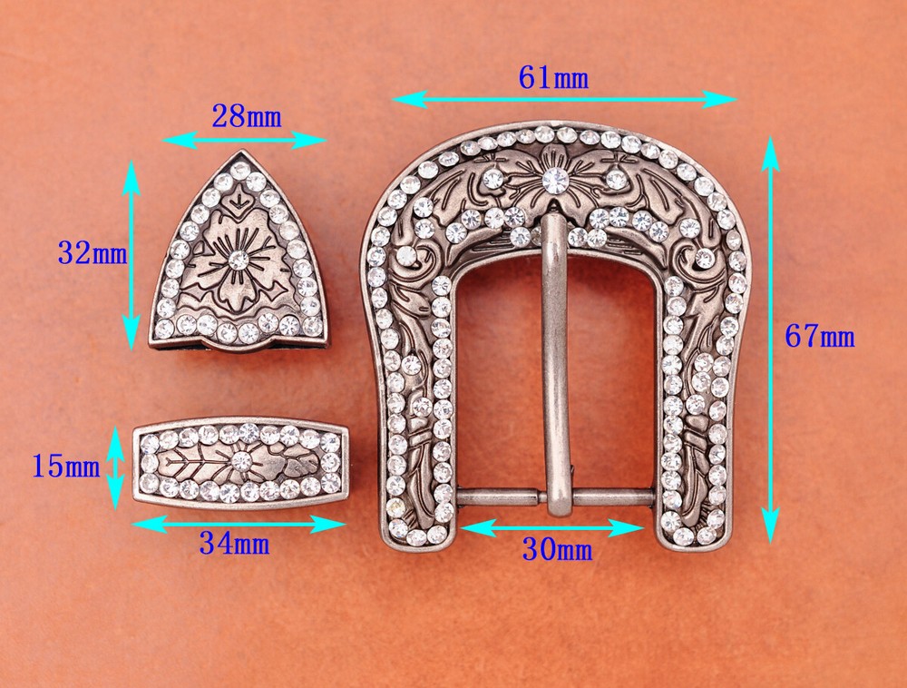 Antique Silver Crystal Western Cowboy Floral Belt Buckle Set Fit 30MM Strap