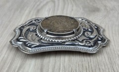 Vtg 1923 Peace Silver Dollar Coin Belt Buckle Engraved Scrollwork Western Cowboy