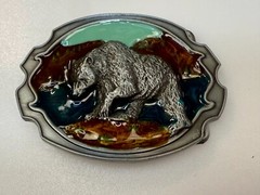 Southwestern Style Fishing Grizzly Bear Colorful Painted Belt Buckle